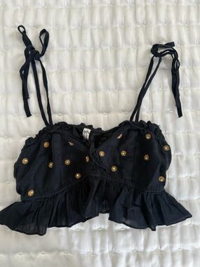 Free People Tie-Strap Top with Gold Daisy Embroidery